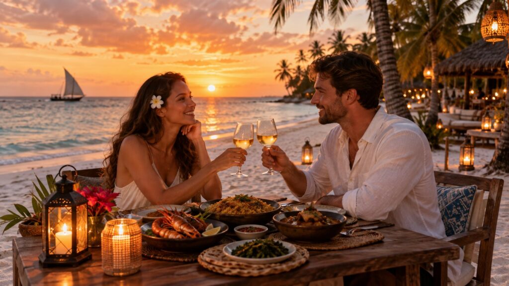 Mercato delle spezie di Zanzibar con bancarelle di street food e coppia che cena romanticamente sulla spiaggia al tramonto