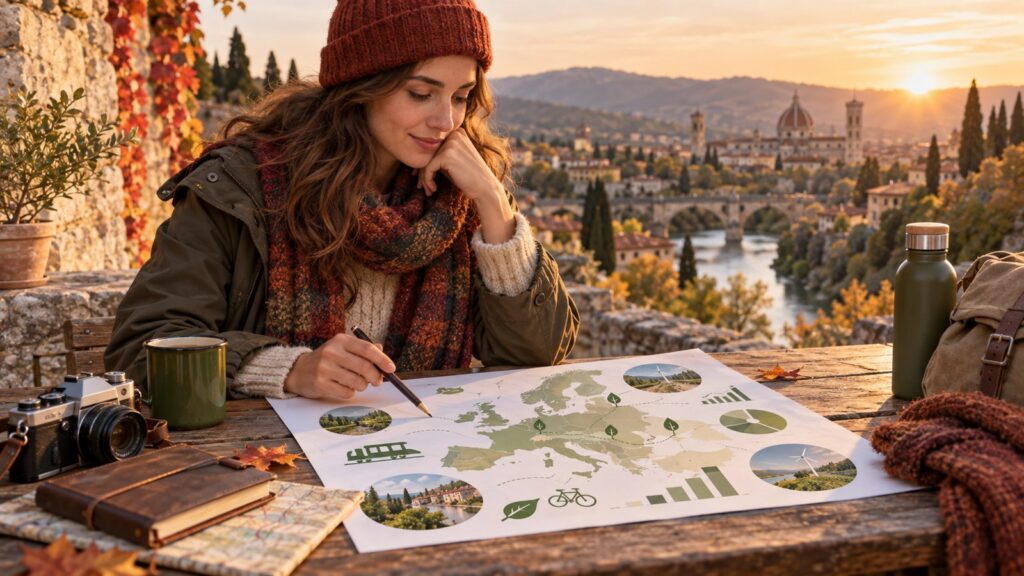 Viaggiatore che consulta una mappa dell'Europa con dati sul turismo sostenibile in autunno