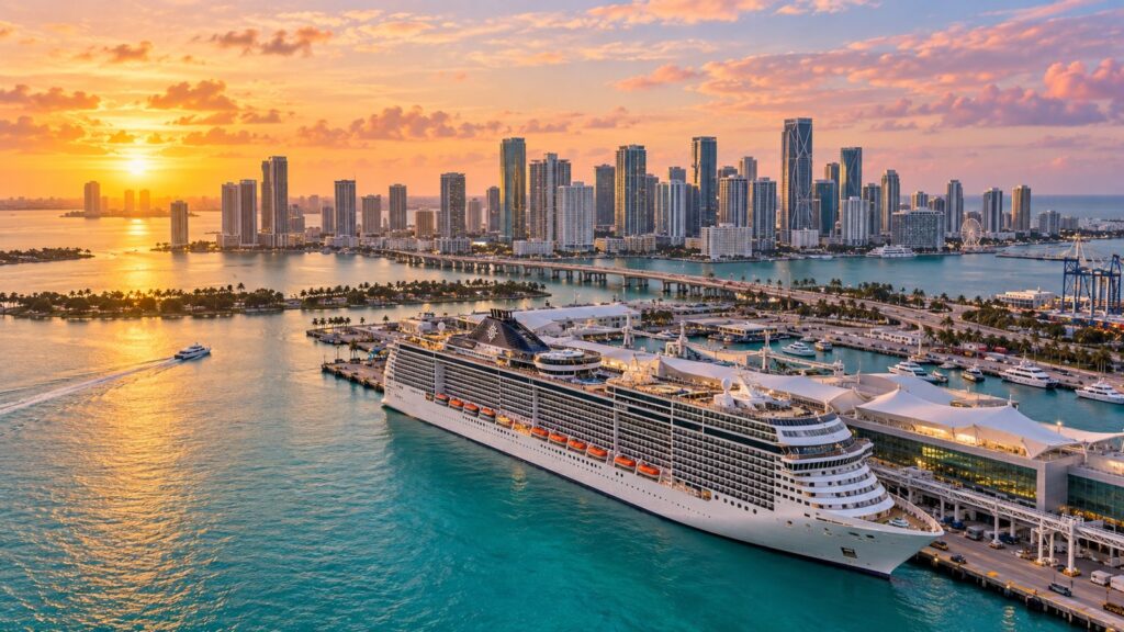 Panorama di Miami al tramonto con nave da crociera MSC nel porto