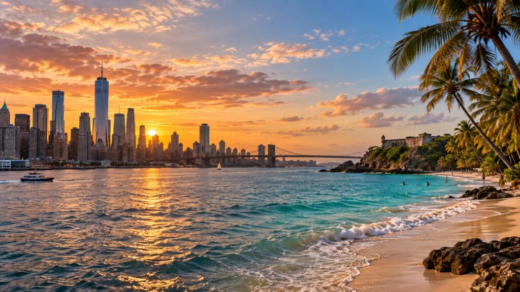 Panorama di New York con skyline e spiaggia di Portorico con palme