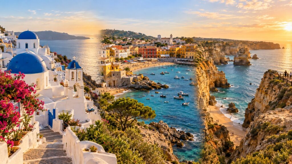 Collage di destinazioni mediterranee: isole greche, coste spagnole e scogliere portoghesi sotto il sole estivo
