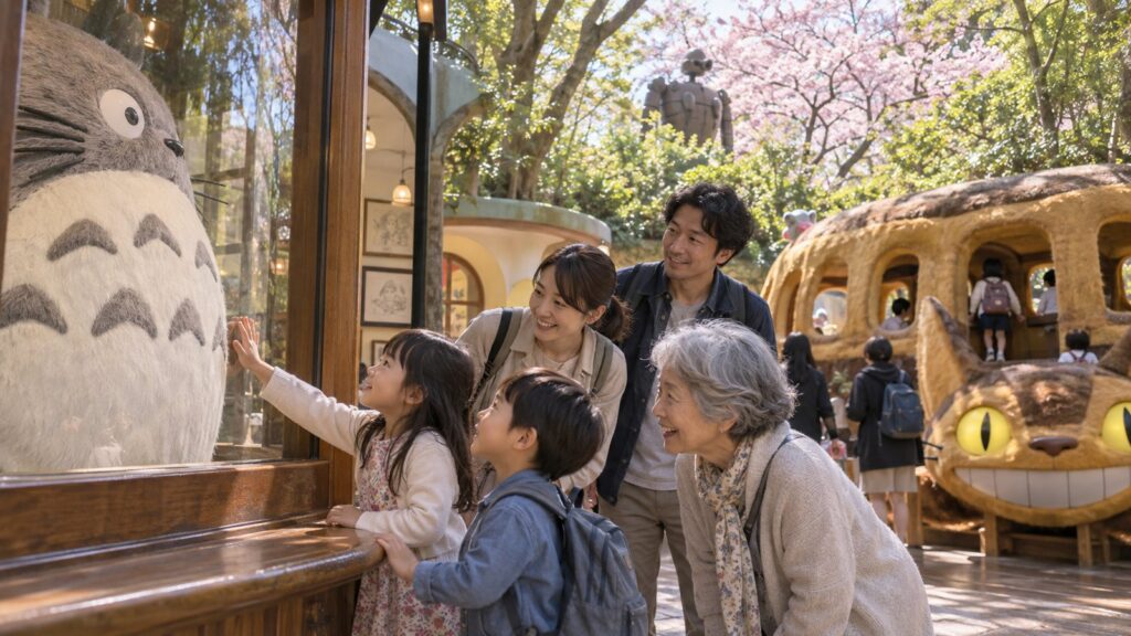 Famiglia giapponese che visita il Ghibli Museum a Tokyo con bambini durante la primavera