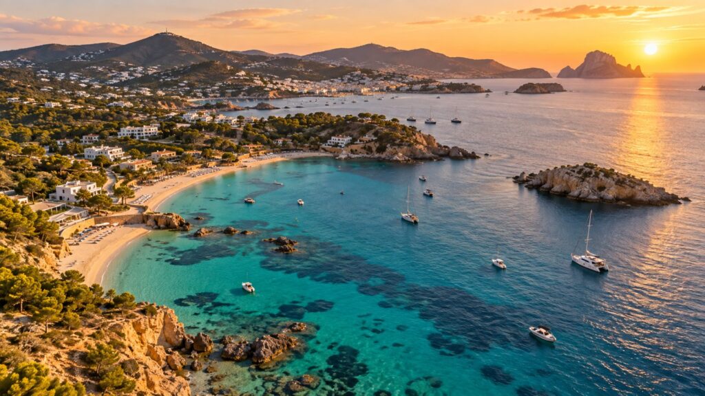 Spiaggia di Ibiza al tramonto con acqua cristallina e barche a vela
