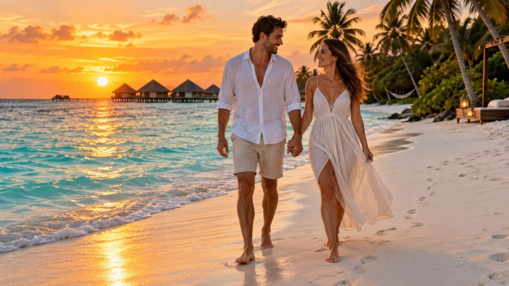 Coppia che cammina mano nella mano su una spiaggia bianca delle Maldive al tramonto