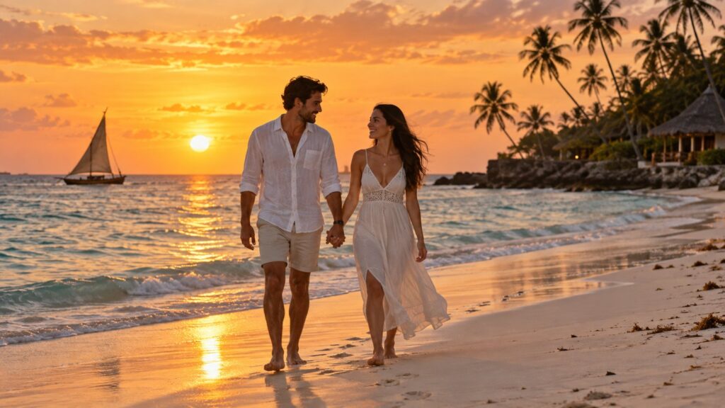 Coppia in viaggio di nozze su una spiaggia tropicale di Zanzibar al tramonto, mano nella mano, atmosfera romantica e rilassata