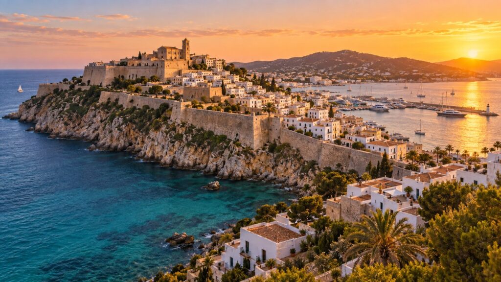 Panoramica di Ibiza con le mura di Dalt Vila e il mare sullo sfondo
