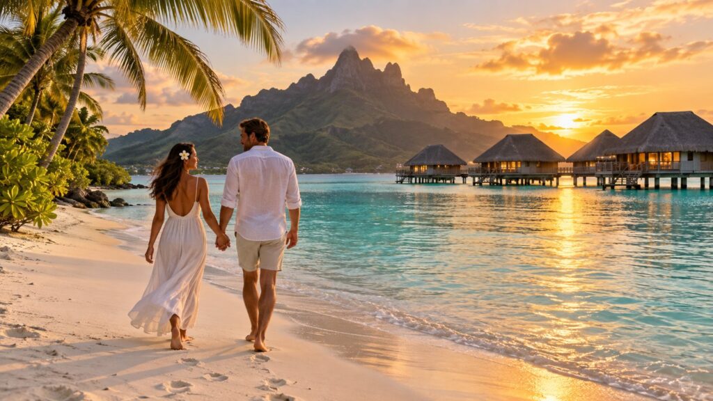 Coppia in luna di miele su una spiaggia di Bora Bora con bungalow sull'acqua sullo sfondo