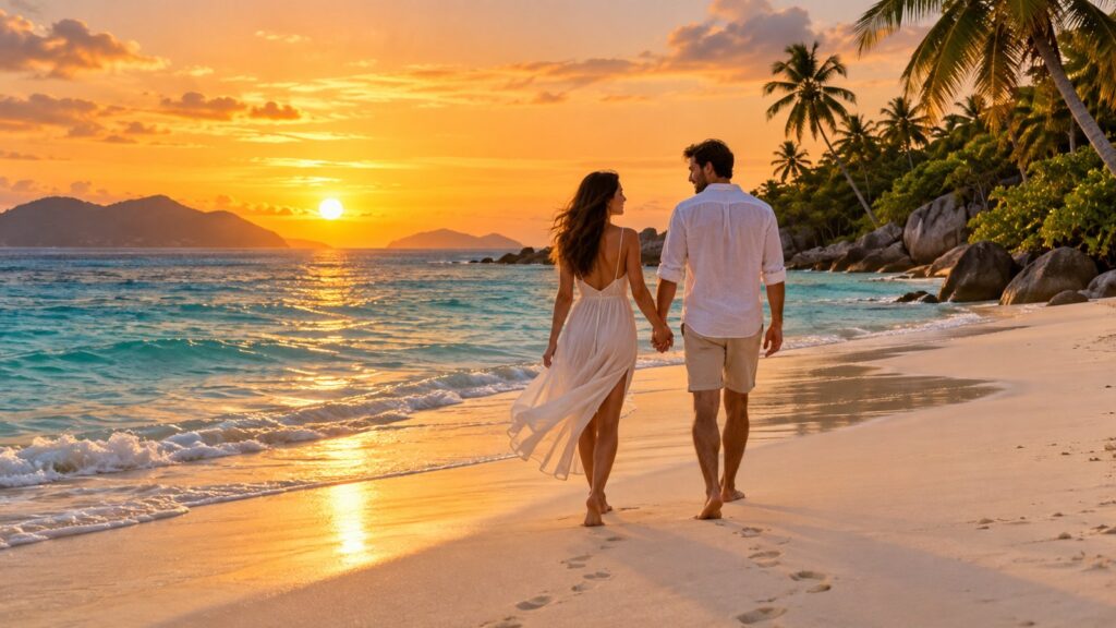 Coppia che cammina sulla spiaggia tropicale al tramonto in Thailandia o Bali, viaggio di nozze romantico