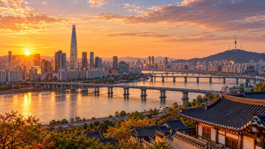Panoramica di Seoul al tramonto con il fiume Han e la Namsan Tower sullo sfondo