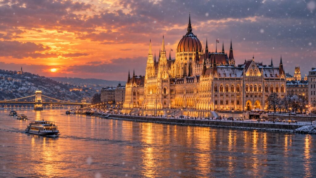 Budapest in inverno con Parlamento illuminato sulla riva del Danubio innevata