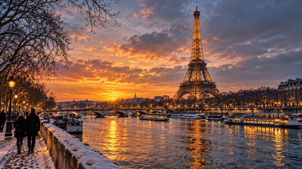 Vista invernale della Torre Eiffel e della Senna a Parigi