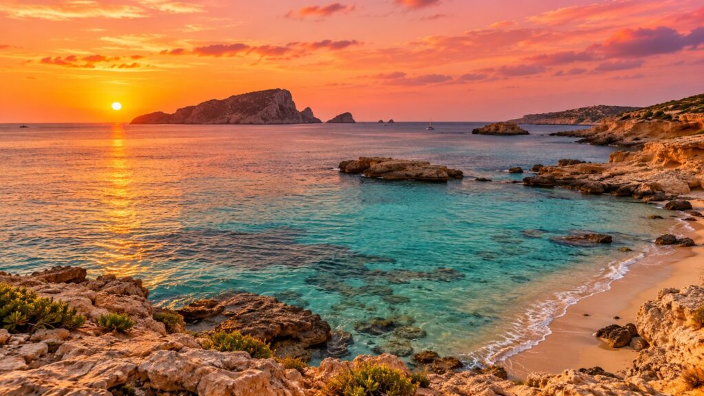 Spiaggia di sabbia bianca a Ibiza in agosto al tramonto