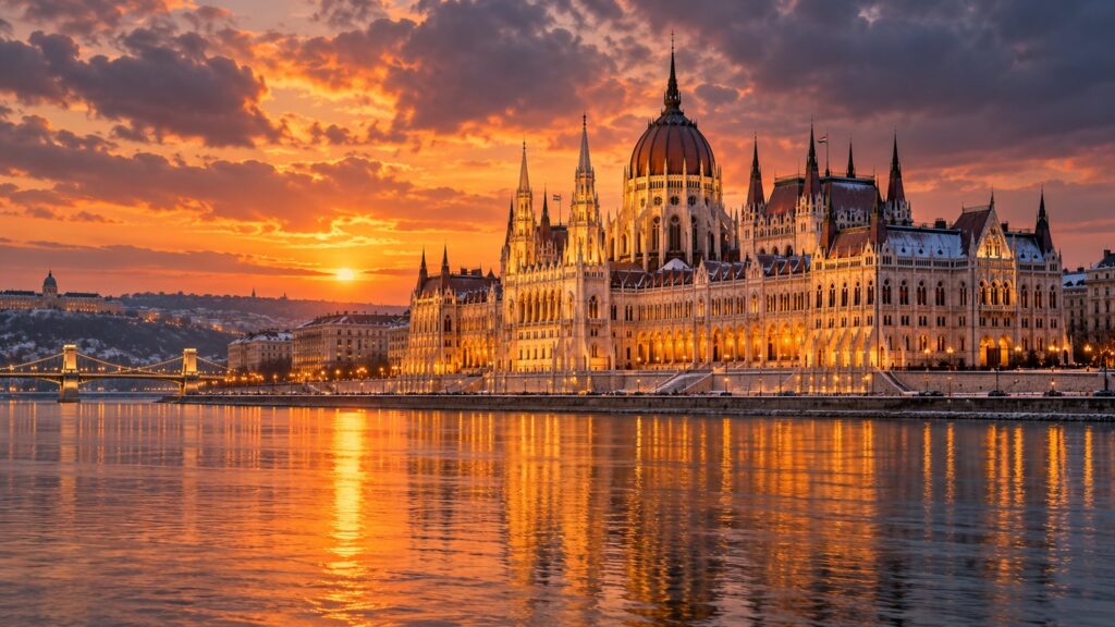 Parlamento di Budapest sul Danubio in inverno