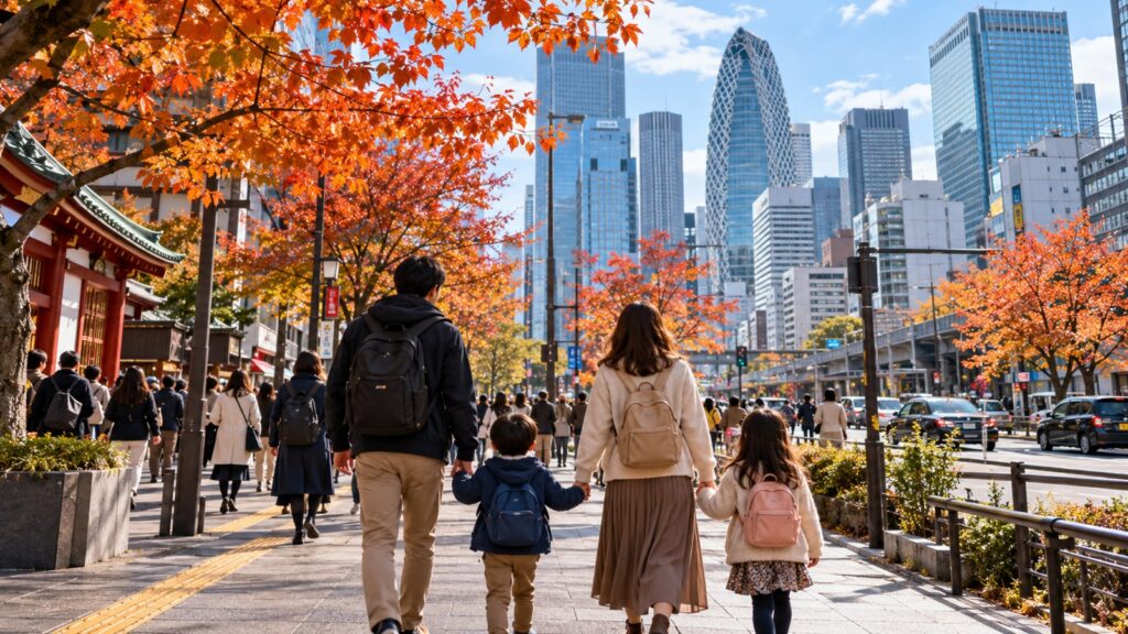 Famiglia che esplora le strade di Tokyo con foglie d'autunno