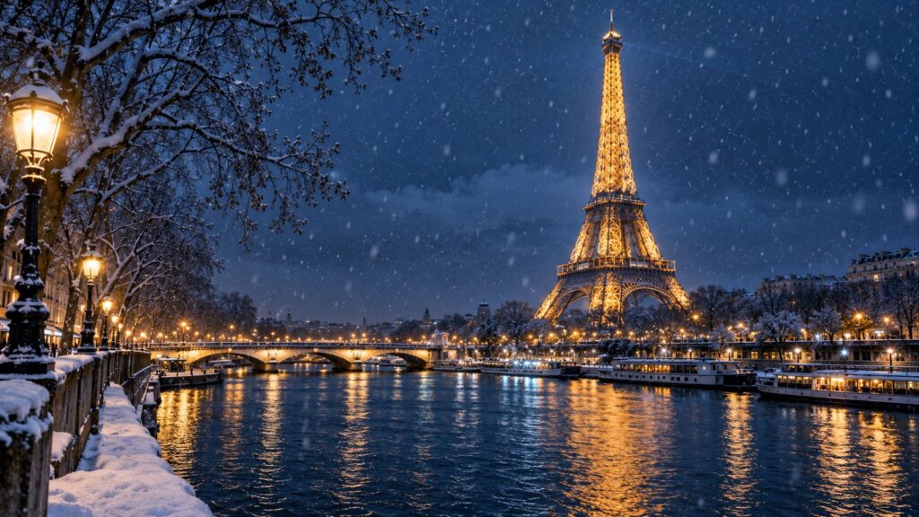 Parigi di notte a gennaio con Torre Eiffel innevata