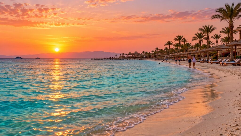 Spiaggia di Hurghada al Mar Rosso con acque turchesi e palme