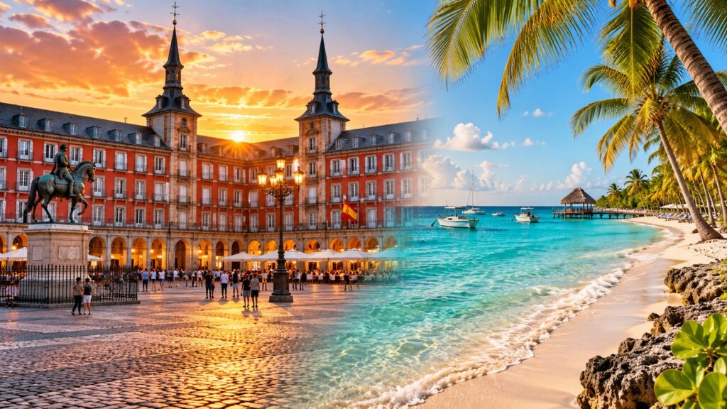 Panorama di Madrid e spiaggia caraibica di Bayahibe Repubblica Dominicana