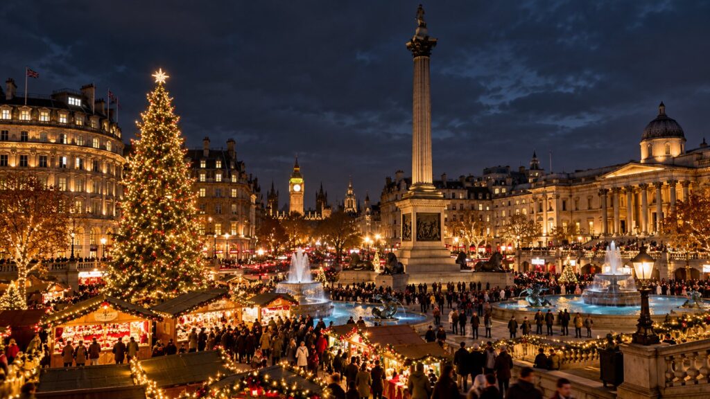 Mercatino di Natale a Londra con luci invernali e atmosfera festiva