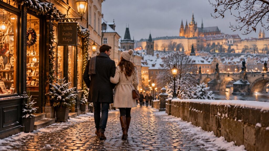 Città europea in inverno con luci e mercatini a febbraio