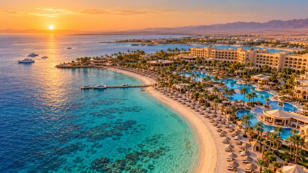 Spiaggia di Hurghada sul Mar Rosso con acque cristalline e sole egiziano