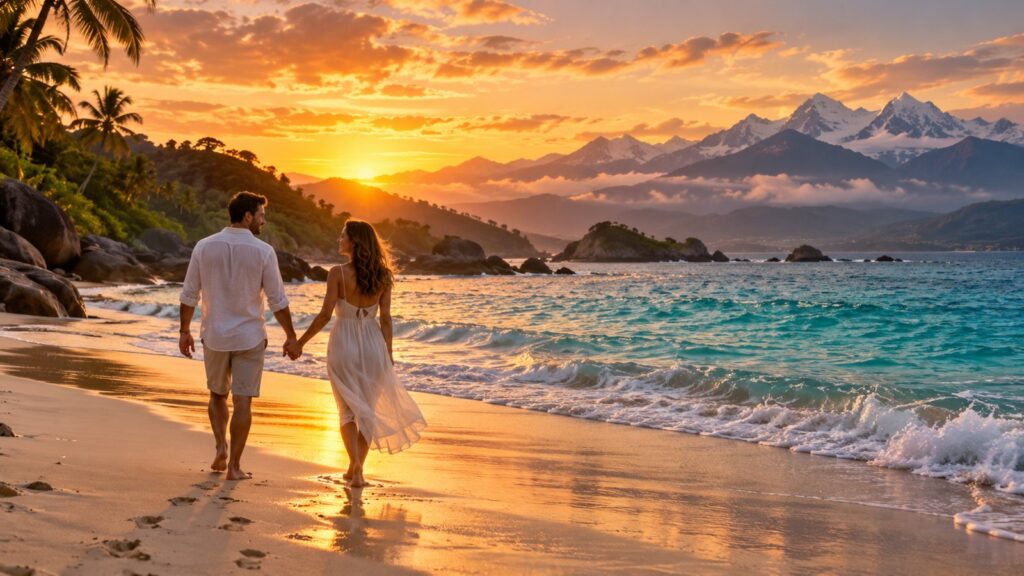 Coppia in luna di miele che cammina su una spiaggia caraibica al tramonto con vista sulle montagne delle Ande