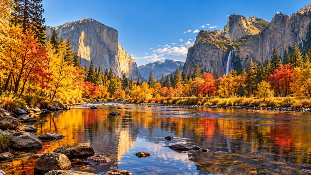 Panorama della Yosemite Valley con il lago Merced riflesso e colori autunnali in California