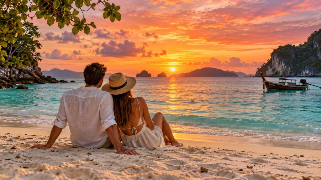 Coppia in luna di miele Indonesia al tramonto su spiaggia tropicale