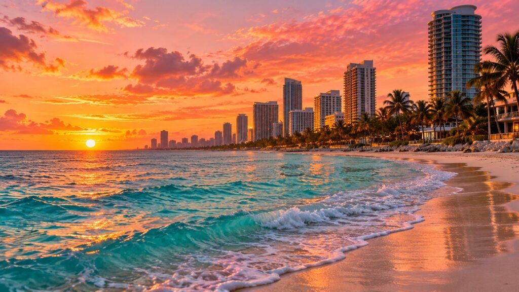 Spiaggia di Miami in Florida al tramonto con mare calmo