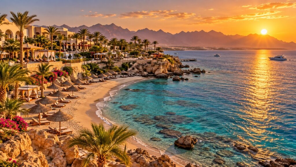 Vista panoramica di un resort sulla costa di Sharm El Sheikh con il Mar Rosso sullo sfondo