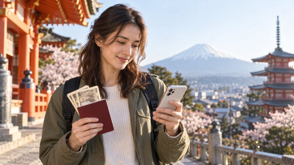 Viaggiatore che controlla documenti, valuta giapponese e smartphone con sim locale in Giappone