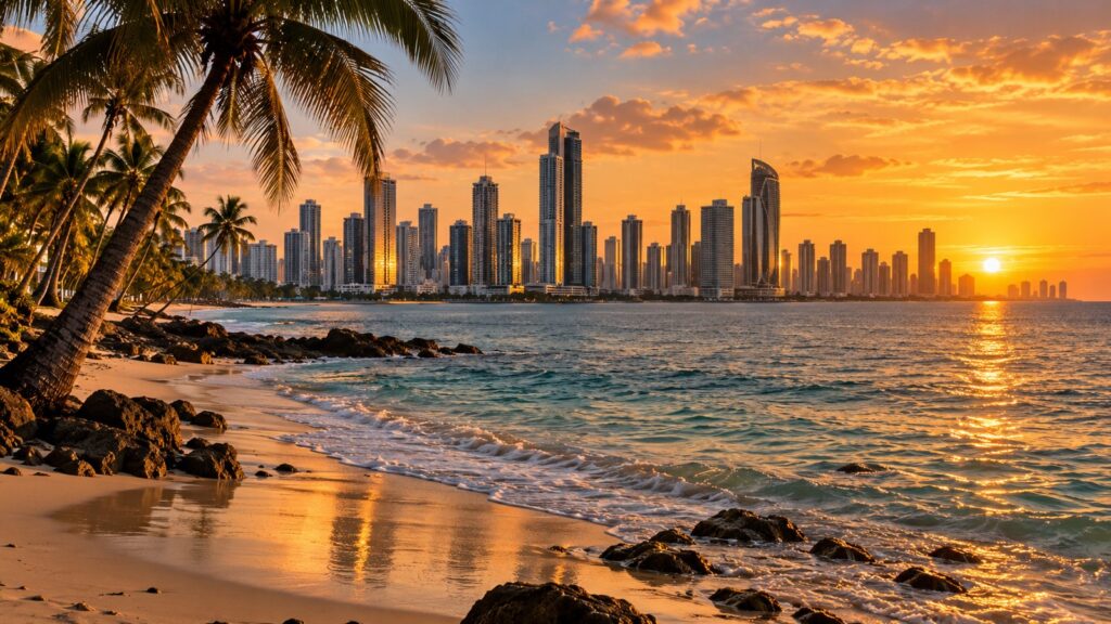 Panorama di Panama City e spiaggia tropicale del Panama
