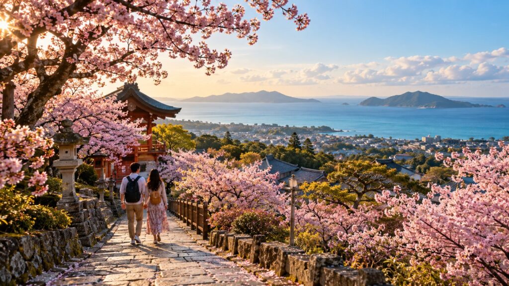 Coppia in viaggio di nozze tra ciliegi in fiore a Kyoto e spiaggia di Fiji