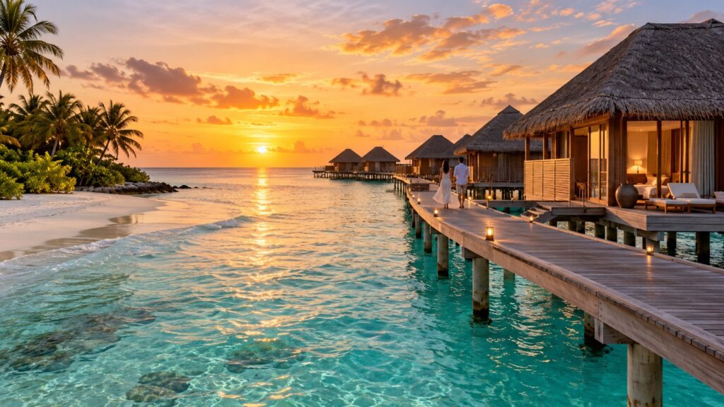 Spiaggia tropicale alle Maldive con mare turchese e sabbia bianca al tramonto