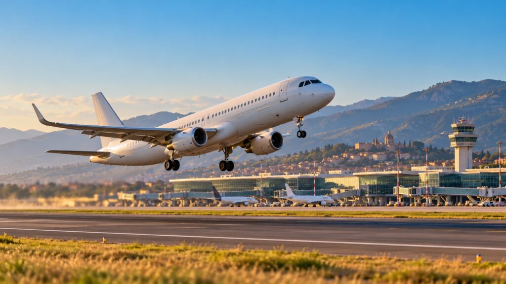 Aereo in decollo da un aeroporto italiano verso una destinazione estiva europea nel 2027