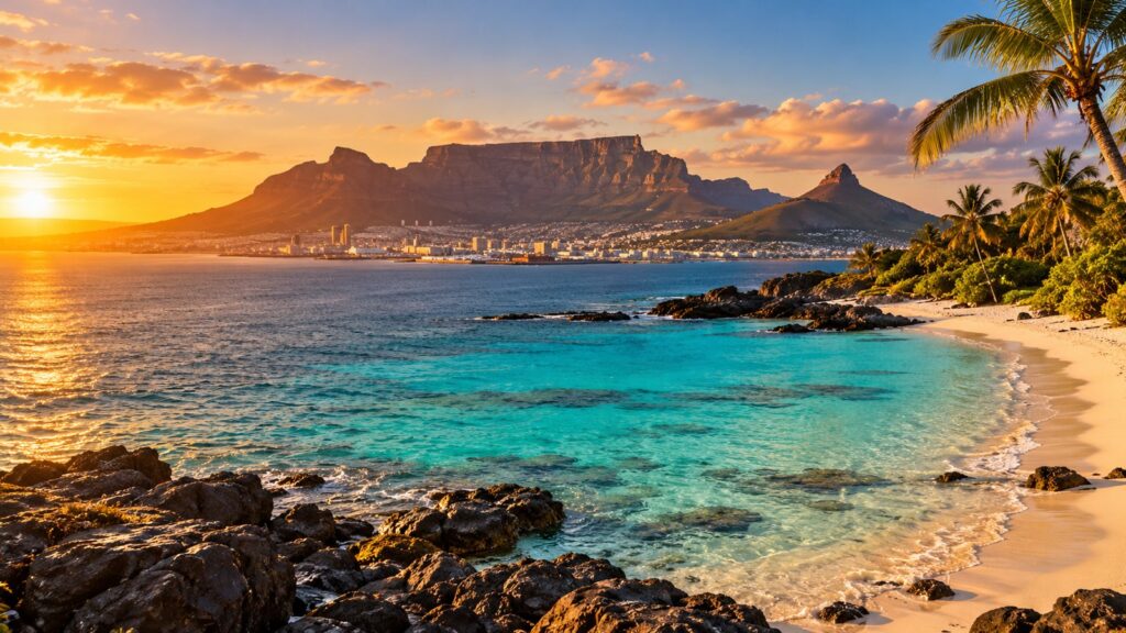 Paesaggio di Cape Town in Sudafrica e spiaggia tropicale a Mauritius