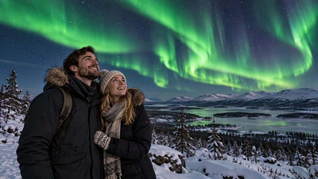 Coppia che osserva l'aurora boreale in Lapponia svedese durante il Capodanno 2028