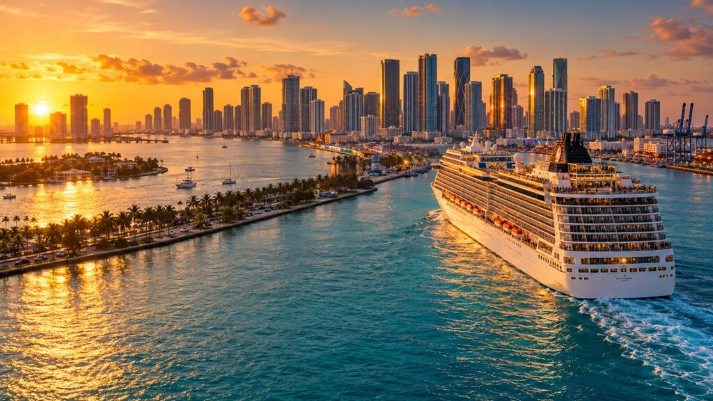 Panorama di Miami con skyline e nave da crociera in lontananza al tramonto