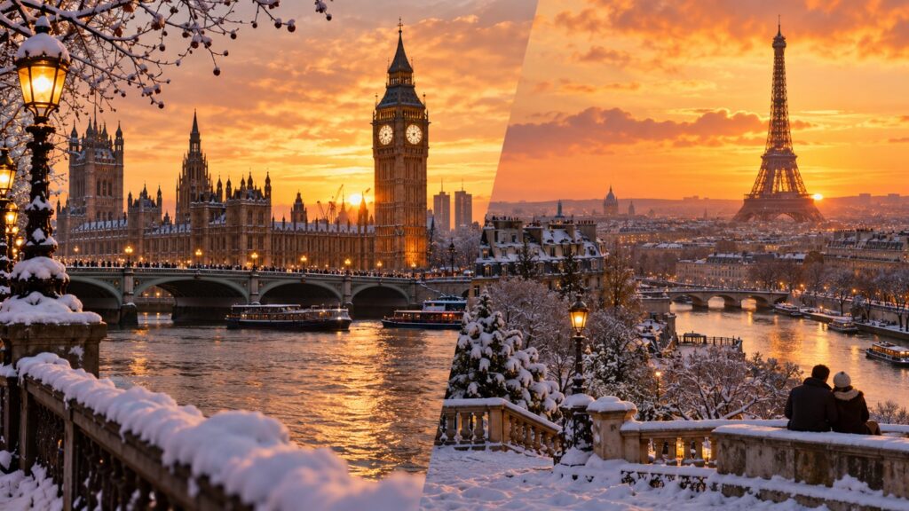 Londra o Parigi in inverno con atmosfera romantica febbraio