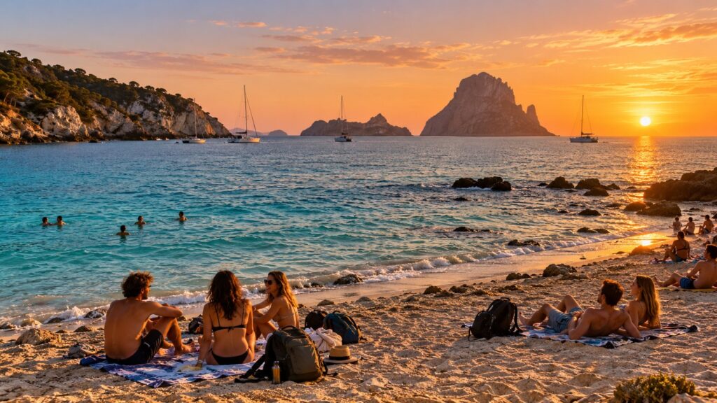 Vista panoramica di una spiaggia libera di Ibiza con acqua turchese e ombrelloni semplici al tramonto