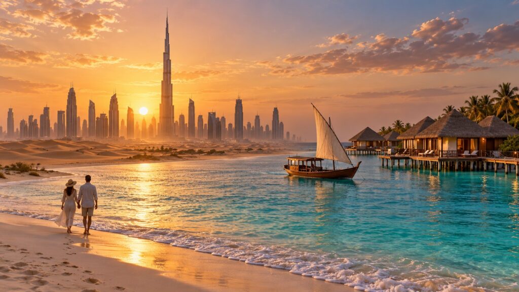 Dubai e Maldive panorama skyline e bungalow sull acqua