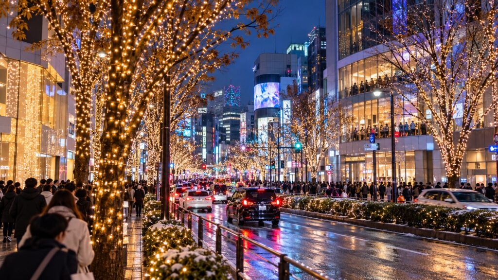 Tokyo di sera a dicembre con illuminazioni invernali
