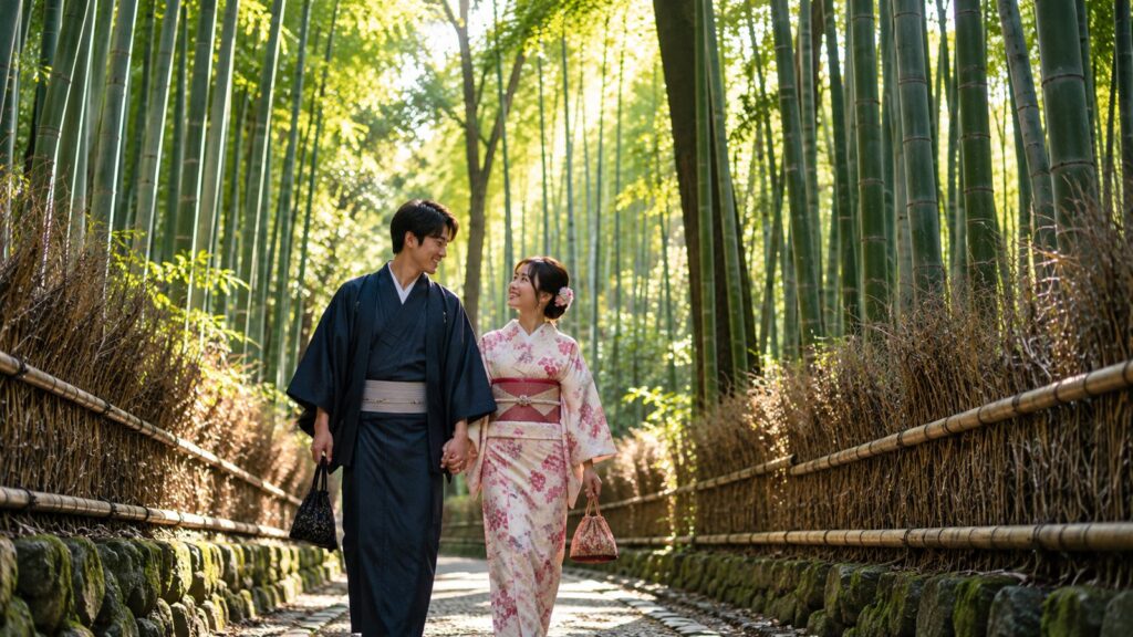 Coppia in abiti tradizionali che cammina in una foresta di bambù a Kyoto durante il viaggio di nozze Giappone Polinesia 2027