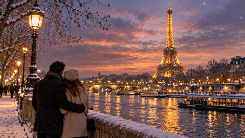 Parigi di sera con Torre Eiffel illuminata in inverno
