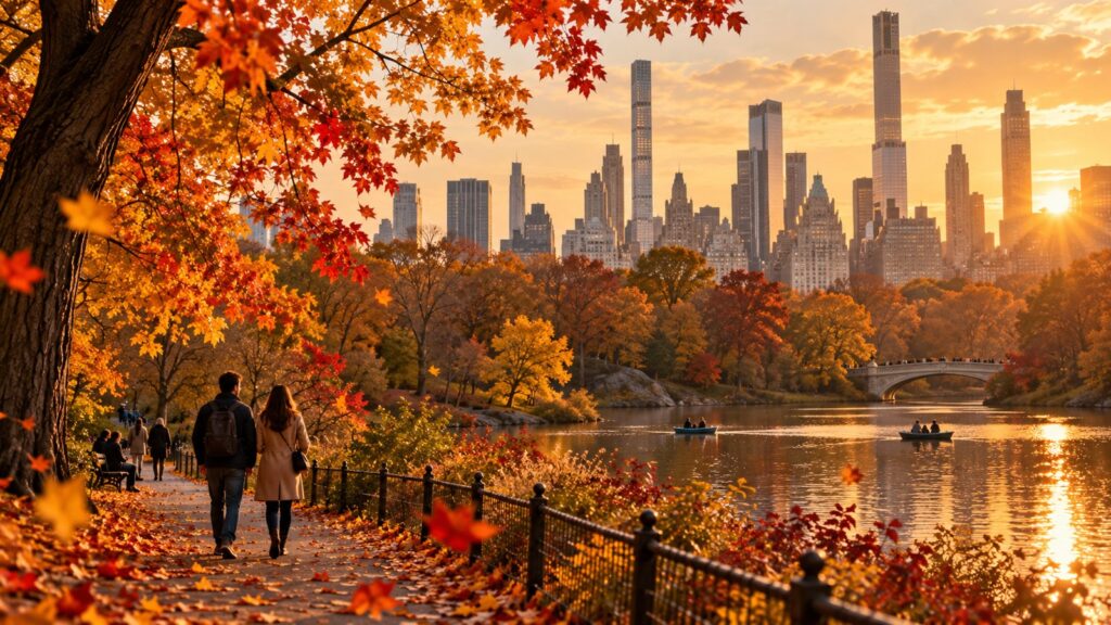Skyline di New York in autunno con foglie colorate e atmosfera di viaggi autunnali intercontinentali