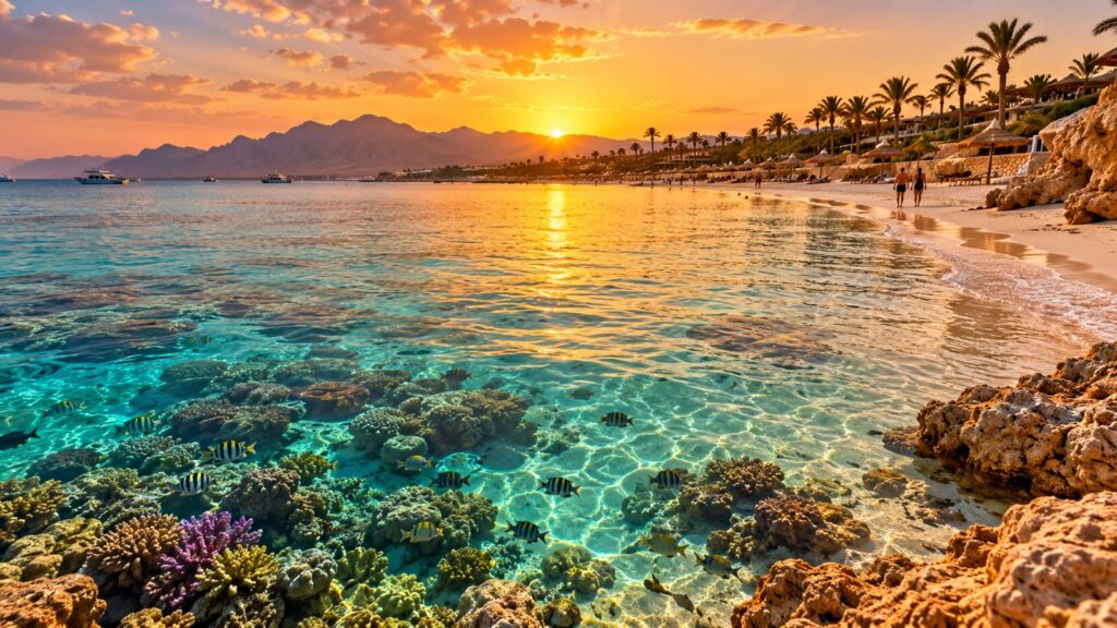 Panorama di Sharm el Sheikh con mare blu e barriera corallina