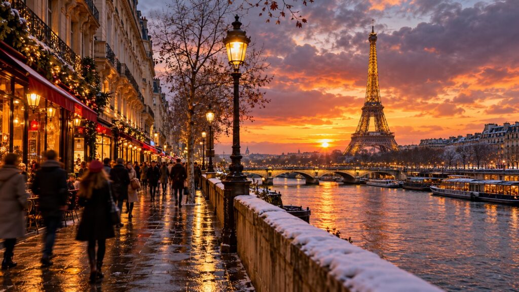 Panorama invernale di Parigi con Torre Eiffel e strade della città