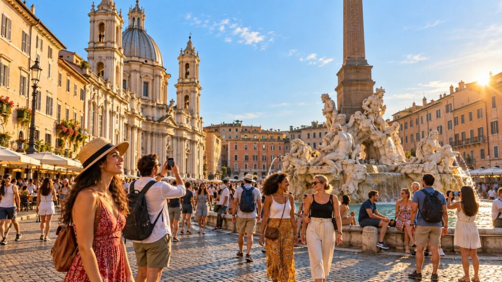 Turisti stranieri che visitano città d'arte italiane in estate 2026