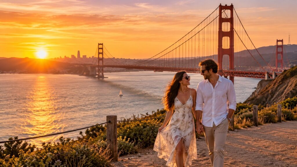 Coppia in luna di miele al California davanti al Golden Gate Bridge